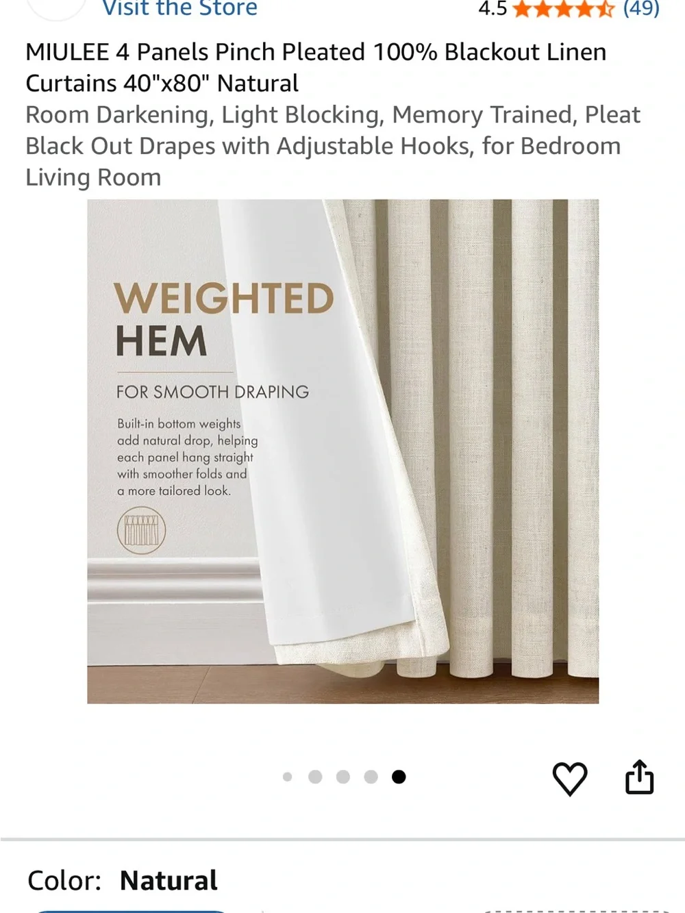 NEW MIULEE Pinch Pleat Blackout Linen Curtains in Natural - FOUR Panels- 40”x80”